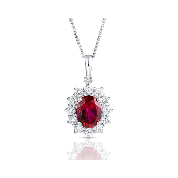 Lab Ruby 9x7mm and Lab Diamond Cluster Necklace Pendant in 18K White Gold - Image 1