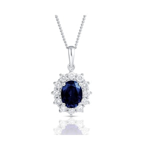Lab Sapphire 9x7mm and Lab Diamond Cluster Necklace in 18K White Gold