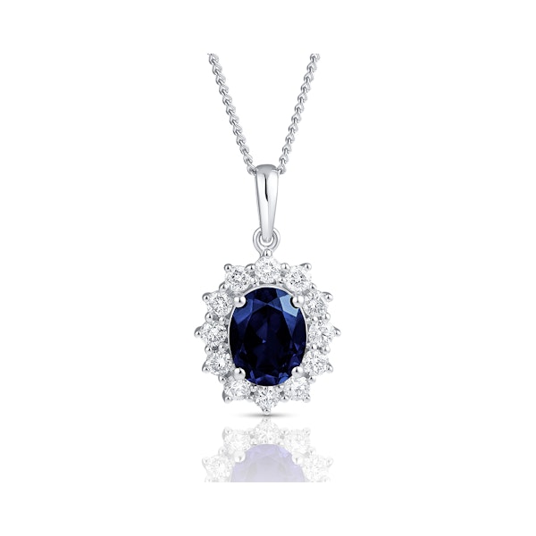 Lab Sapphire 9x7mm and Lab Diamond Cluster Necklace in 18K White Gold - Image 1