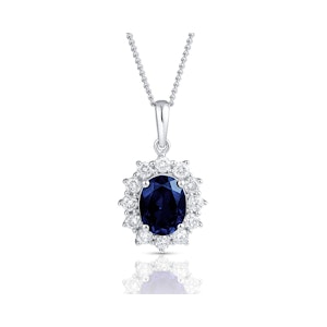 Lab Sapphire 9x7mm and Lab Diamond Cluster Necklace in 18K White Gold