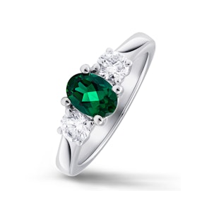 Lab Emerald 0.70ct and Lab Diamonds 0.50ct 18K White Gold Ring