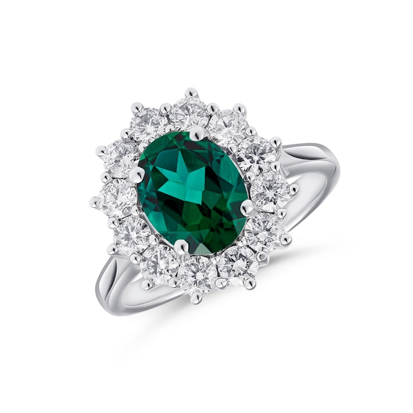 Lab Emerald 1.95CT and Lab Diamond 1.00ct Cluster Ring in 18K White Gold - Image 1