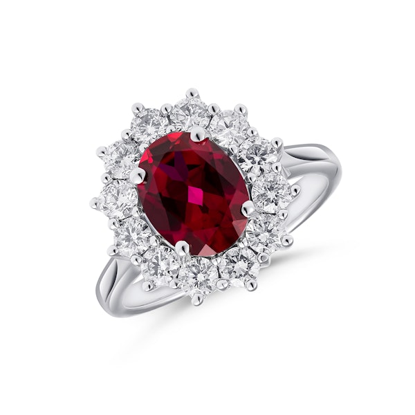Lab Ruby 2.40ct and Lab Diamond 1.00ct Cluster Ring in 18K White Gold - Image 1