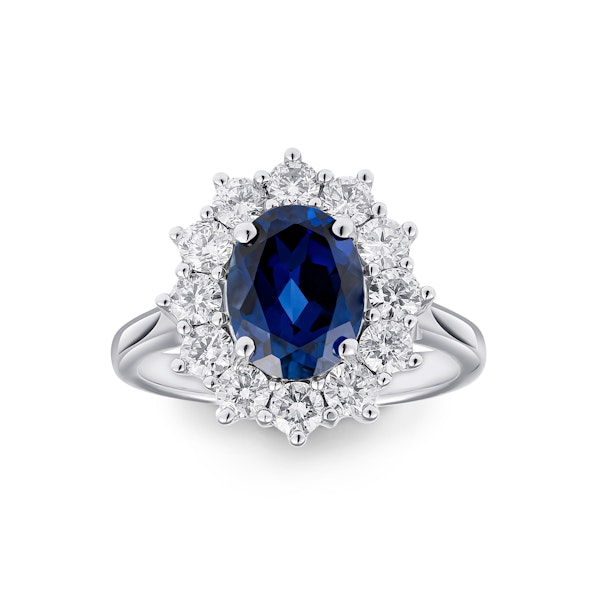 Lab Sapphire 2.3ct and Lab Diamond 1ct Cluster Ring in 18K White Gold - Image 2