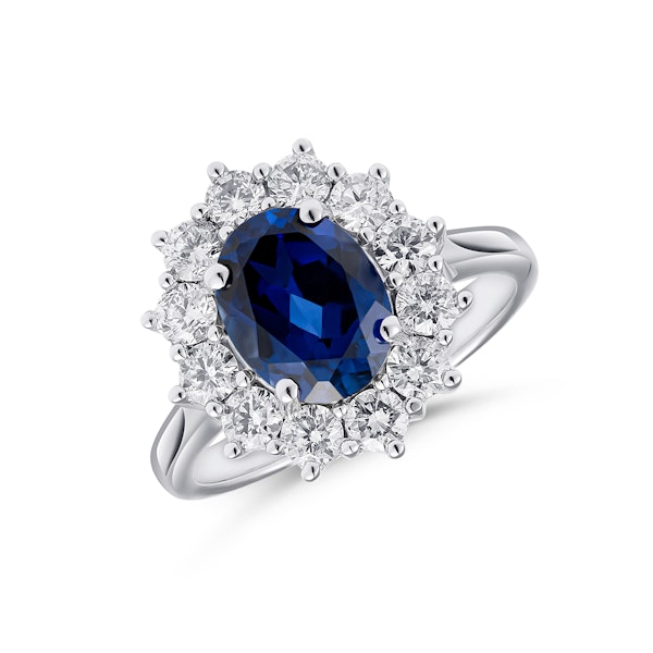 Lab Sapphire 2.3ct and Lab Diamond 1ct Cluster Ring in 18K White Gold - Image 1
