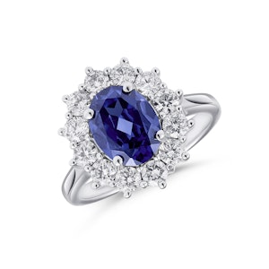 Lab Tanzanite 1.7ct and Lab Diamond 1ct Cluster Ring in 18K White Gold