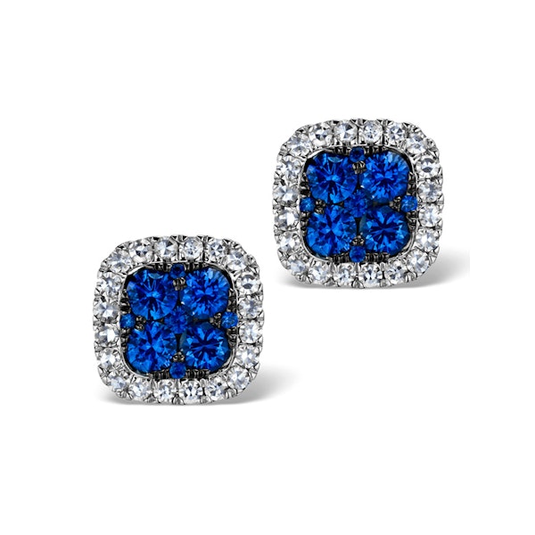 18K White Gold KEIRA 3ct Sapphire and 1ct Diamond HALO Earrings - Image 1
