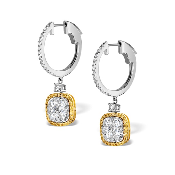 18K White Gold an gelina 3ct Diamond and Yellow Diamond Halo Earrings - Image 2