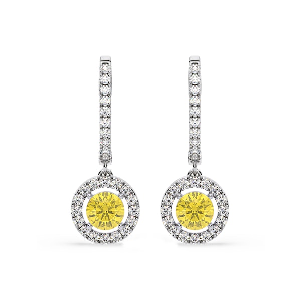 Ella Yellow Lab Diamond 2.60ct Halo Drop Earrings in 18K White Gold - Elara Collection - Image 1