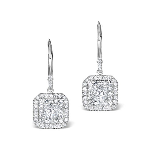 Diamond Halo Princess Cut Drop Earrings 1.75ct 18K White Gold - P3483W - Image 1