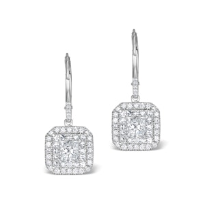 Diamond Halo Princess Cut Drop Earrings 1.75ct 18K White Gold - P3483W