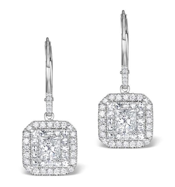 Diamond Halo Princess Cut Drop Earrings 1.75ct 18K White Gold - P3483W - image 1