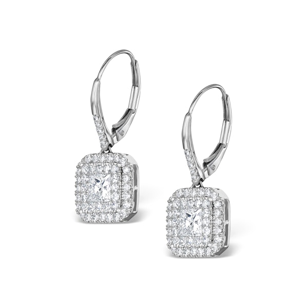 Diamond Halo Princess Cut Drop Earrings 1.75ct 18K White Gold - P3483W - Image 2