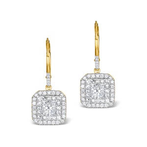 Diamond Halo Princess Cut Drop Earrings 1.75ct H/Si 18K Gold - P3483