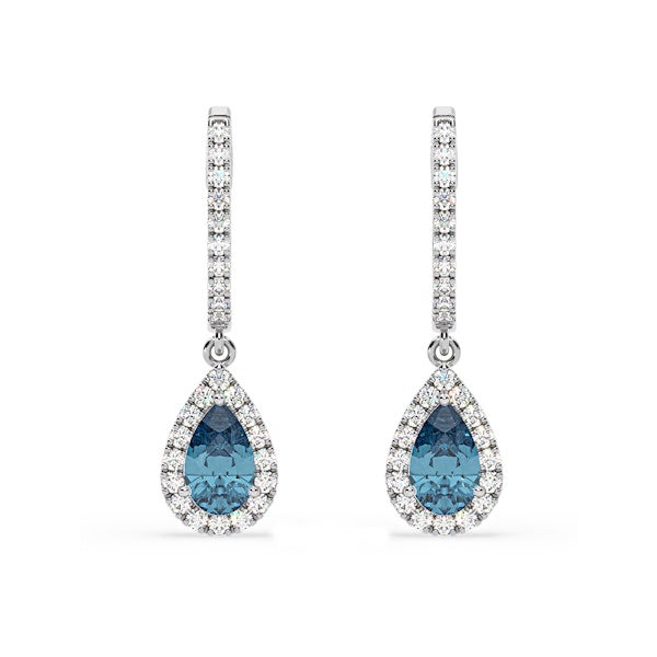 Diana Blue Lab Diamond 1.48ct Pear Halo Drop Earrings in 18K White Gold - Elara Collection - Image 1