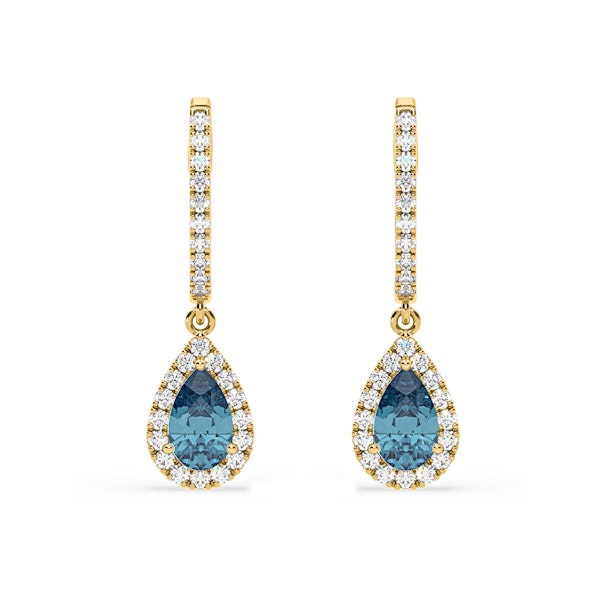Diana Blue Lab Diamond 1.48ct Pear Halo Drop Earrings in 18K Yellow Gold - Elara Collection - Image 1