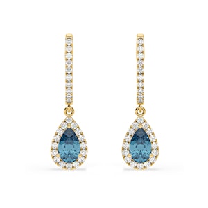 Diana Blue Lab Diamond 1.48ct Pear Halo Drop Earrings in 18K Yellow Gold - Elara Collection