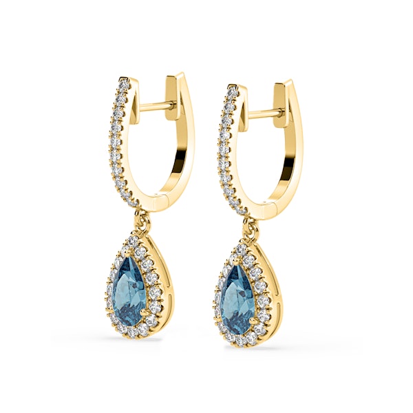 Diana Blue Lab Diamond 1.48ct Pear Halo Drop Earrings in 18K Yellow Gold - Elara Collection - Image 3