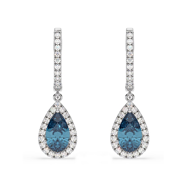 Diana Blue Lab Diamond 2.60ct Pear Halo Drop Earrings in 18K White Gold - Elara Collection - Image 1