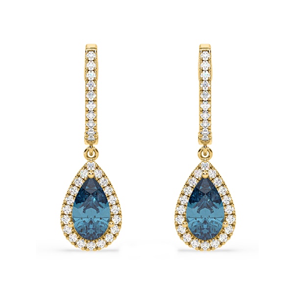 Diana Blue Lab Diamond 2.60ct Pear Halo Drop Earrings in 18K Yellow Gold - Elara Collection - Image 1