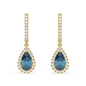 Diana Blue Lab Diamond 2.60ct Pear Halo Drop Earrings in 18K Yellow Gold - Elara Collection