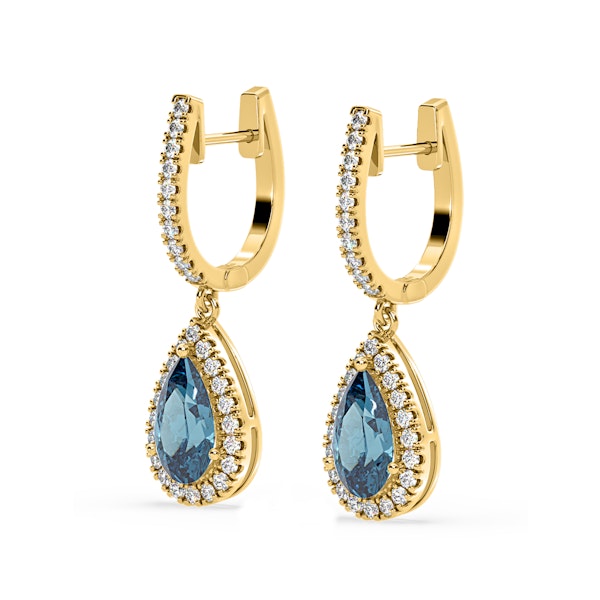Diana Blue Lab Diamond 2.60ct Pear Halo Drop Earrings in 18K Yellow Gold - Elara Collection - Image 3