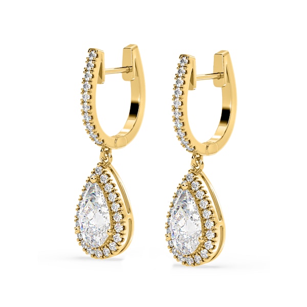 Diana Pear Lab Diamond Halo Drop Earrings 2.60ct in 18K Yellow Gold F/VS1 - Image 3