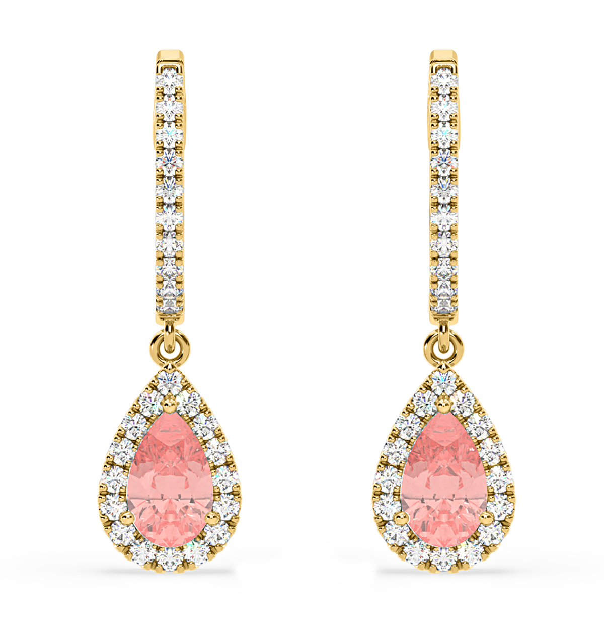 Diana Pink Lab Diamond 1.48ct Pear Halo Drop Earrings in 18K Yellow