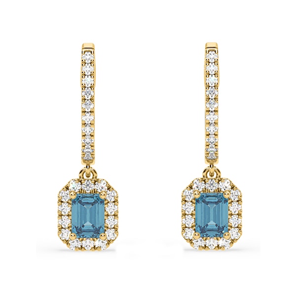 Annabelle Blue Lab Diamond 1.48ct Emerald Cut Halo Earrings in 18K Yellow Gold - Elara Collection - Image 1