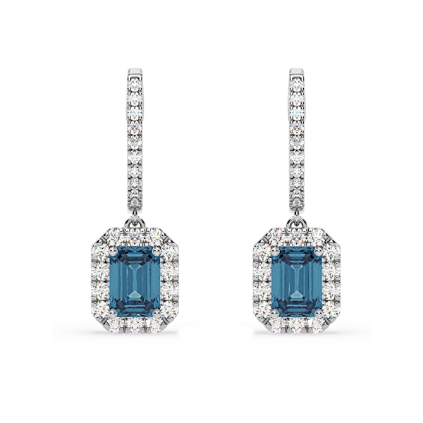 Annabelle Blue Lab Diamond 2.78ct Emerald Cut Halo Earrings in 18K White Gold - Elara Collection - Image 1