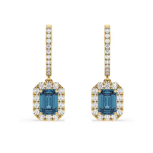 Annabelle Blue Lab Diamond 2.78ct Emerald Cut Halo Earrings in 18K Yellow Gold - Elara Collection - Image 1