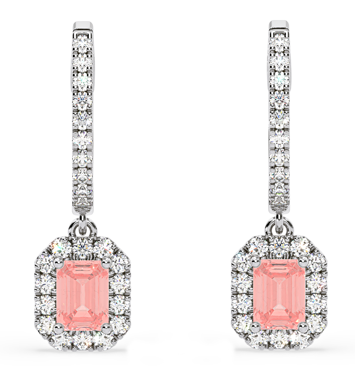 Annabelle Pink Lab Diamond 1.48ct Emerald Cut Halo Earrings in 18K