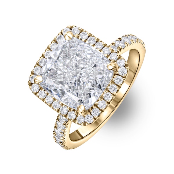 Beatrice 5.75ct Lab Diamond Cushion Cut Engagement Ring in 18K Yellow Gold G/VS1 - Image 1
