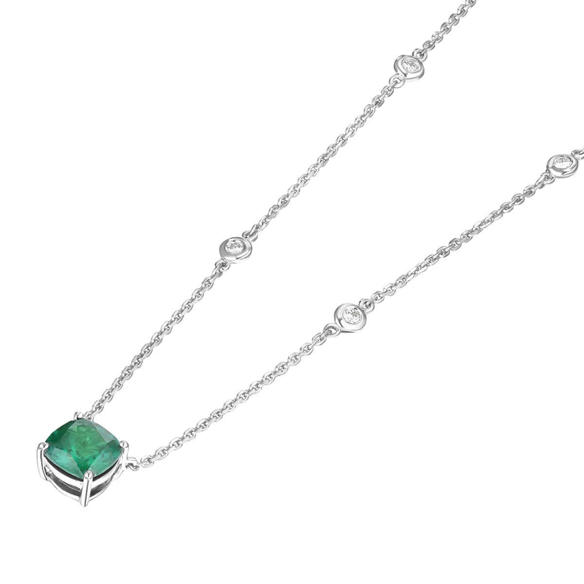 Astra 1.70ct Lab Emerald and Diamond Solitaire Cushion Cut Necklace in Silver