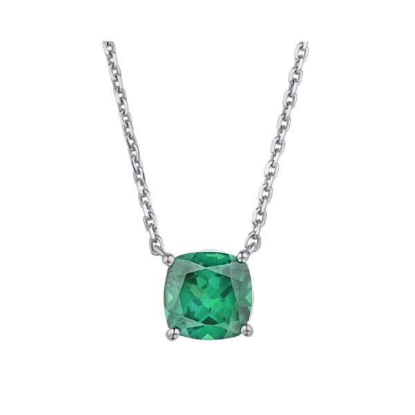 Astra 1.70ct Lab Emerald and Diamond Solitaire Cushion Cut Necklace in Silver - Image 1