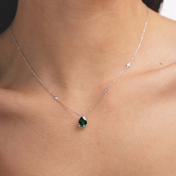 Astra 2.40ct Lab Emerald and Diamond Solitaire Pear Cut Necklace in Silver - Image 2