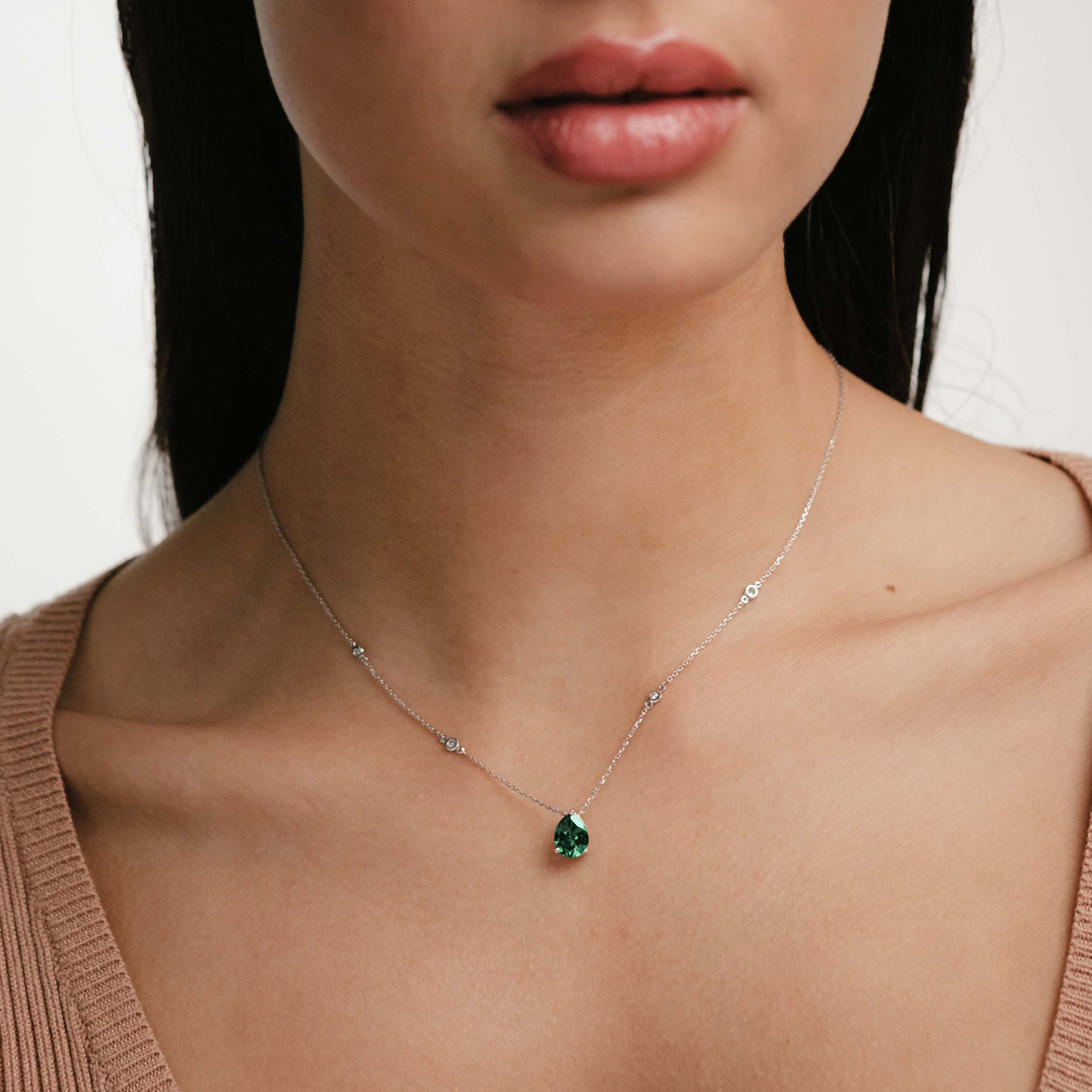 Astra 2.40ct Lab Emerald and Diamond Solitaire Pear Cut Necklace in Silver