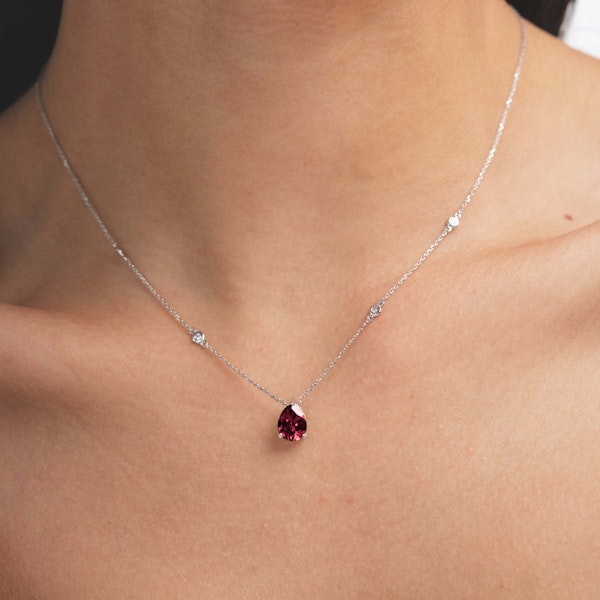 Astra 3.50ct Lab Ruby and Diamond Solitaire Pear Cut Necklace in Silver - Image 2