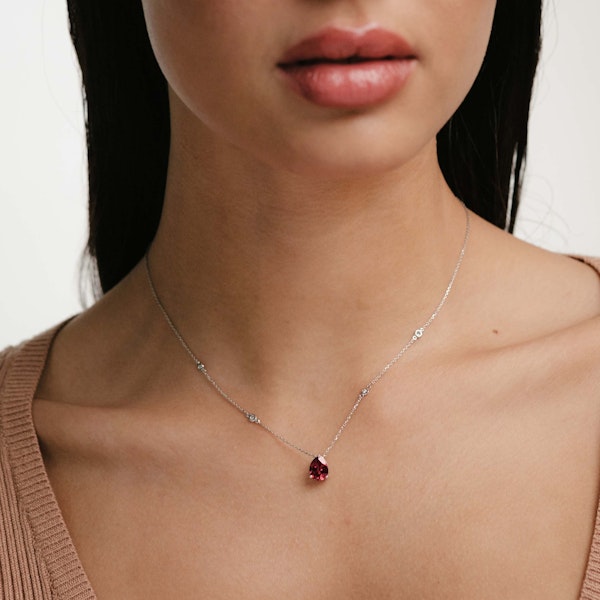 Astra 3.50ct Lab Ruby and Diamond Solitaire Pear Cut Necklace in Silver - Image 4