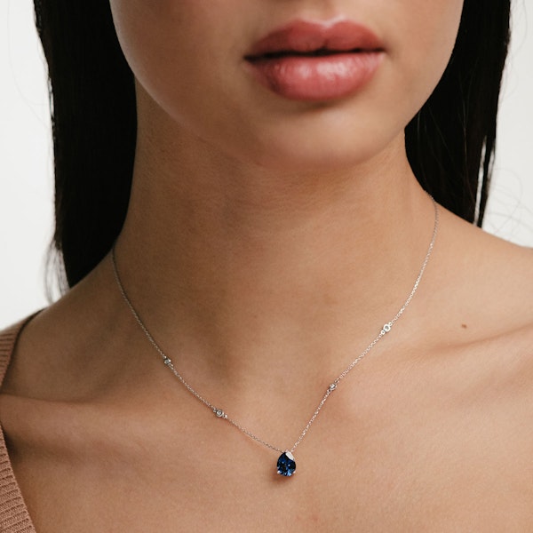 Astra 3.20ct Lab Sapphire and Diamond Solitaire Pear Cut Necklace in Silver - Image 2