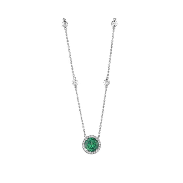Astra 2.30ct Lab Emerald and Diamond Halo Round Cut Necklace in Silver - Image 3