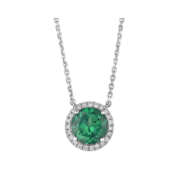 Astra 2.30ct Lab Emerald and Diamond Halo Round Cut Necklace in Silver - Image 1