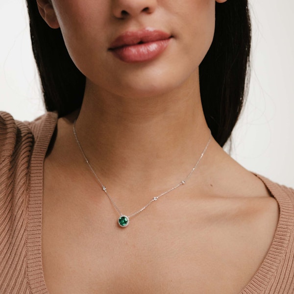 Astra 2.30ct Lab Emerald and Diamond Halo Round Cut Necklace in Silver - Image 4
