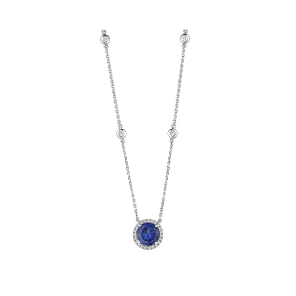 Astra 3.50ct Lab Sapphire and Diamond Halo Round Cut Necklace in Silver - Image 3