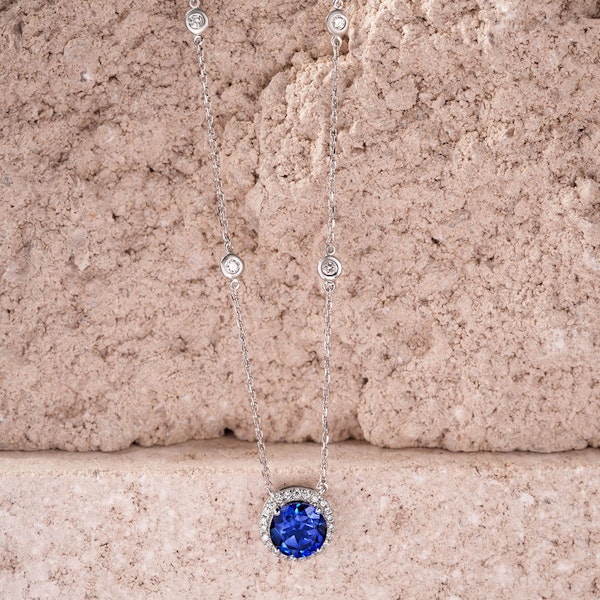 Astra 3.50ct Lab Sapphire and Diamond Halo Round Cut Necklace in Silver - Image 6