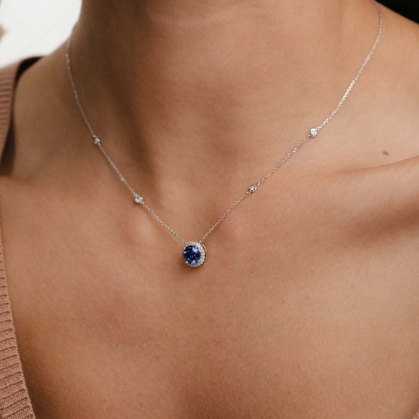 Astra 3.50ct Lab Sapphire and Diamond Halo Round Cut Necklace in Silver - Image 2