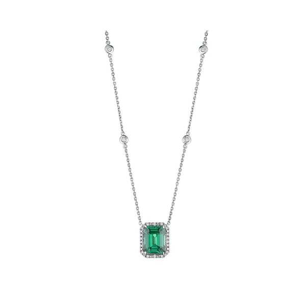 Astra 1.50ct Lab Emerald and Diamond Halo Octagon Cut Necklace in Silver - Image 3