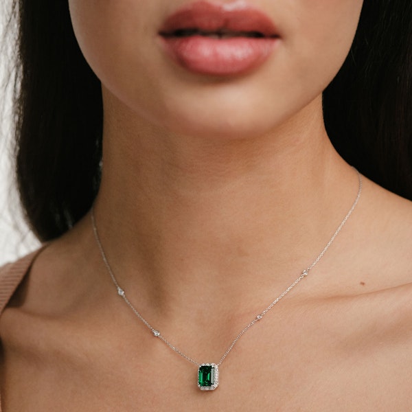 Astra 1.50ct Lab Emerald and Diamond Halo Octagon Cut Necklace in Silver - Image 2