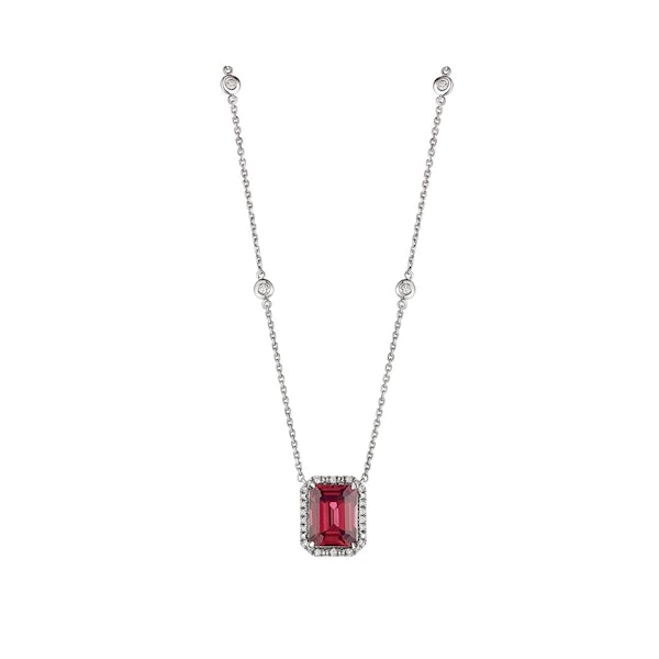 Astra 1.80ct Lab Ruby and Diamond Halo Octagon Cut Necklace in Silver - Image 3