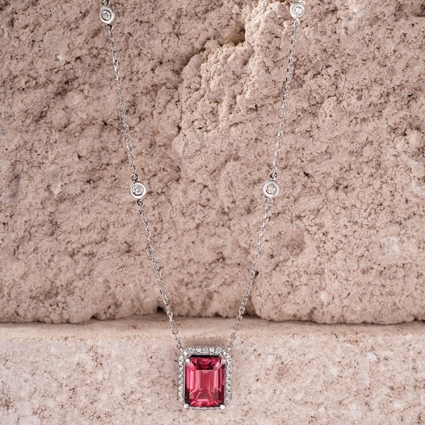 Astra 1.80ct Lab Ruby and Diamond Halo Octagon Cut Necklace in Silver - Image 6